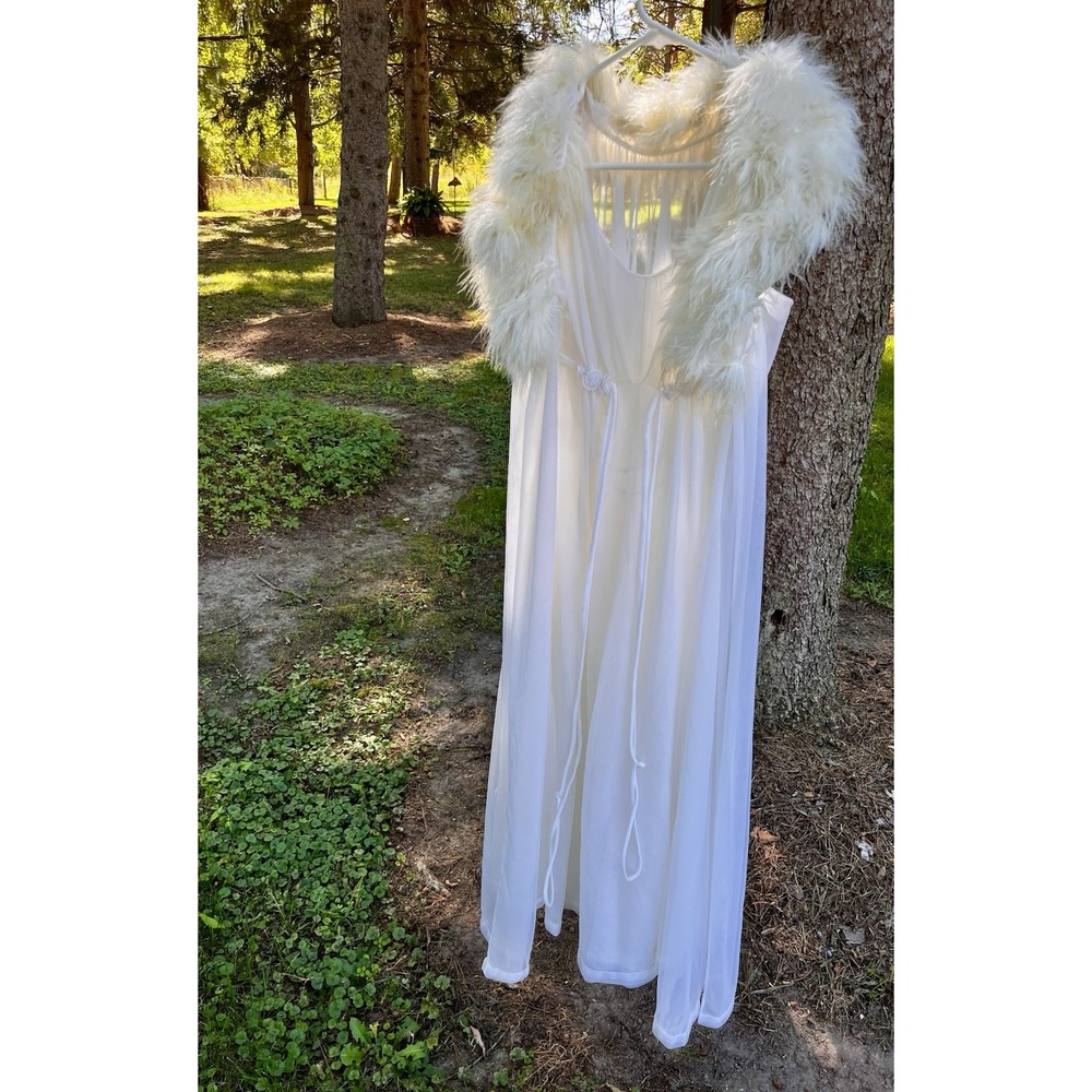Vintage Intime California White Sheer Feather Trim Long Robe Nightgown Size P